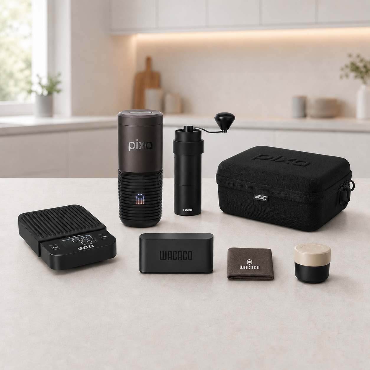 Wacaco Pixapresso Espressomaschine to-go-Set mit Espressomaschine, Hario Handmühle, Waage und Travel Kit
