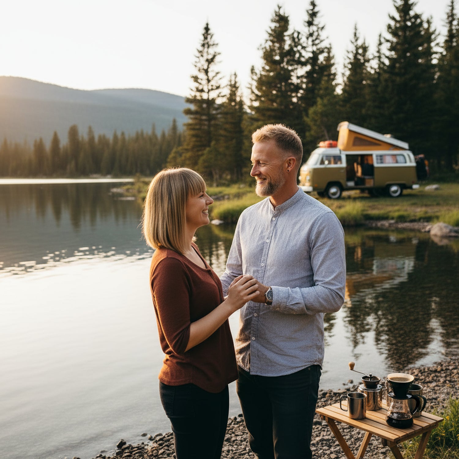 Dascha und Lars stehen am See, auf dem Campingtisch ist der Kaffee angerichtet, im Hintergrund ist ein Camper zu sehen