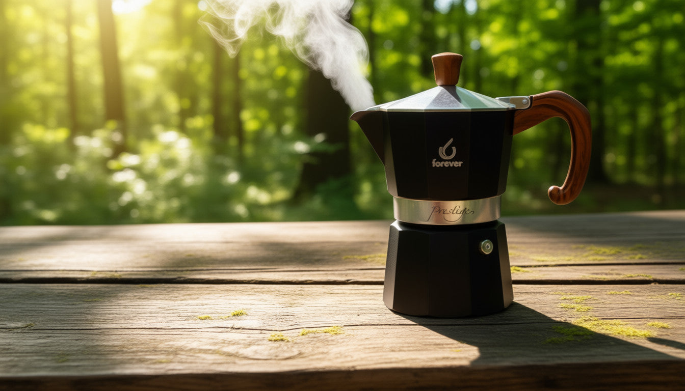 Forever Moka-Kanne, schwarz, auf einem Holztisch draußen stehend