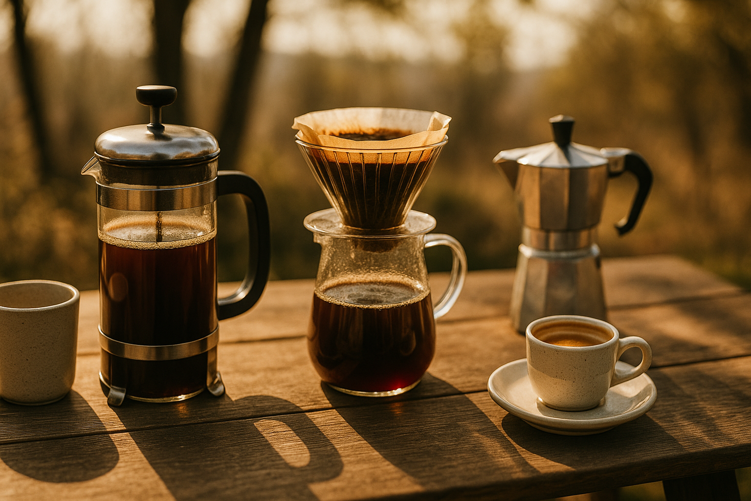 Drei Brühmethoden-Arten: French Press in der Kanne, Filterkaffee mit Server und Handfilte, Moka Kanne und eine Kaffeetasse