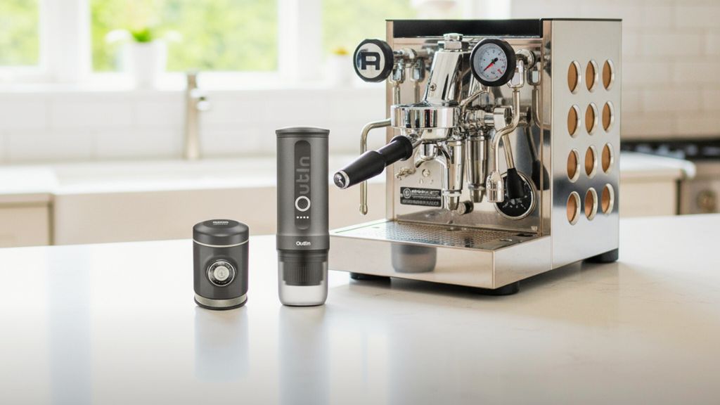 Das Bild zeigt mehrere unterschiedliche Espressomaschinen. Eine Siebträger Maschine von Rocket, eine portable Akku Espressomaschine von Outin und eine portable Espressomaschine von Wacaco.