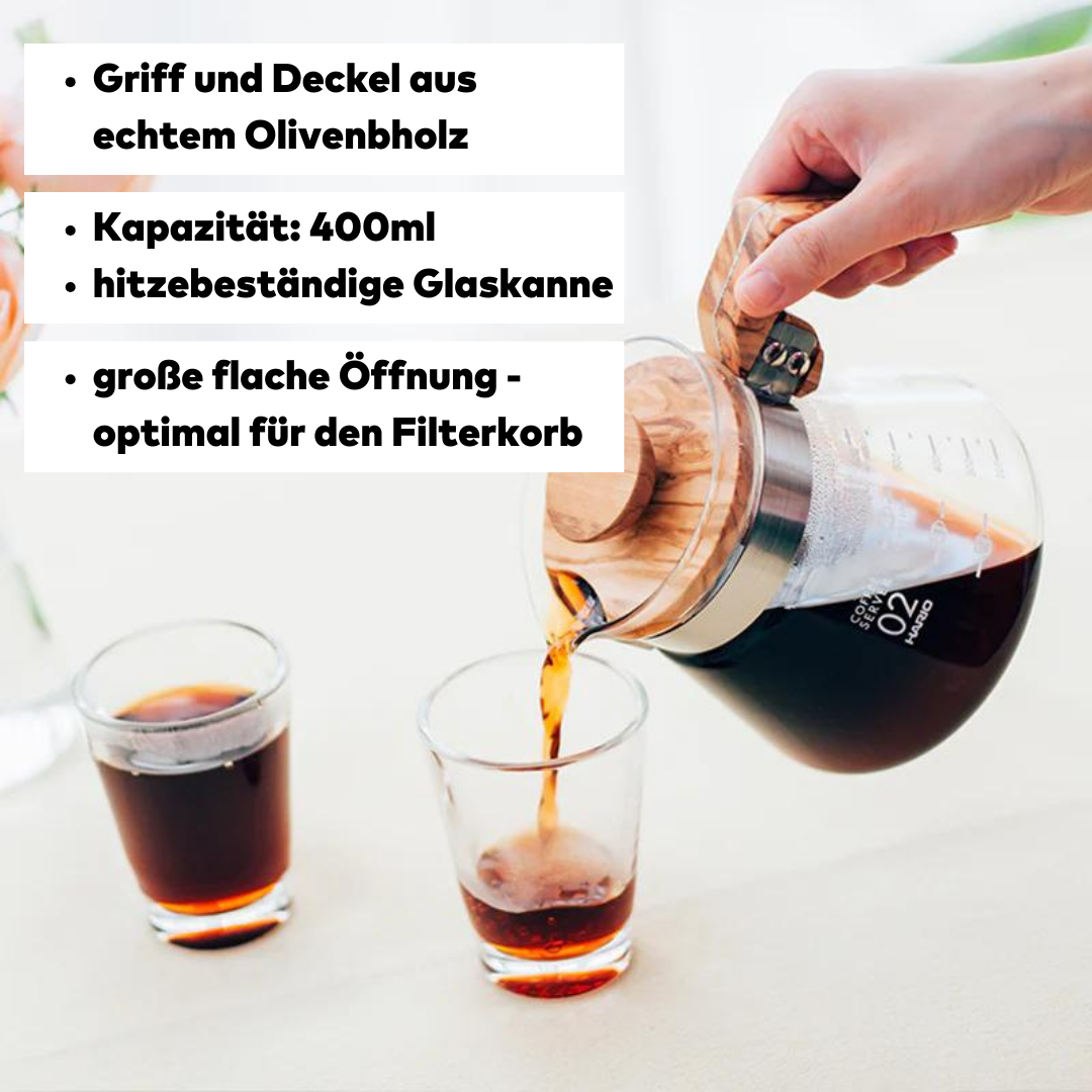 Hario Glas Kaffeekanne mit Griff aus Olivenholz, 400ml
