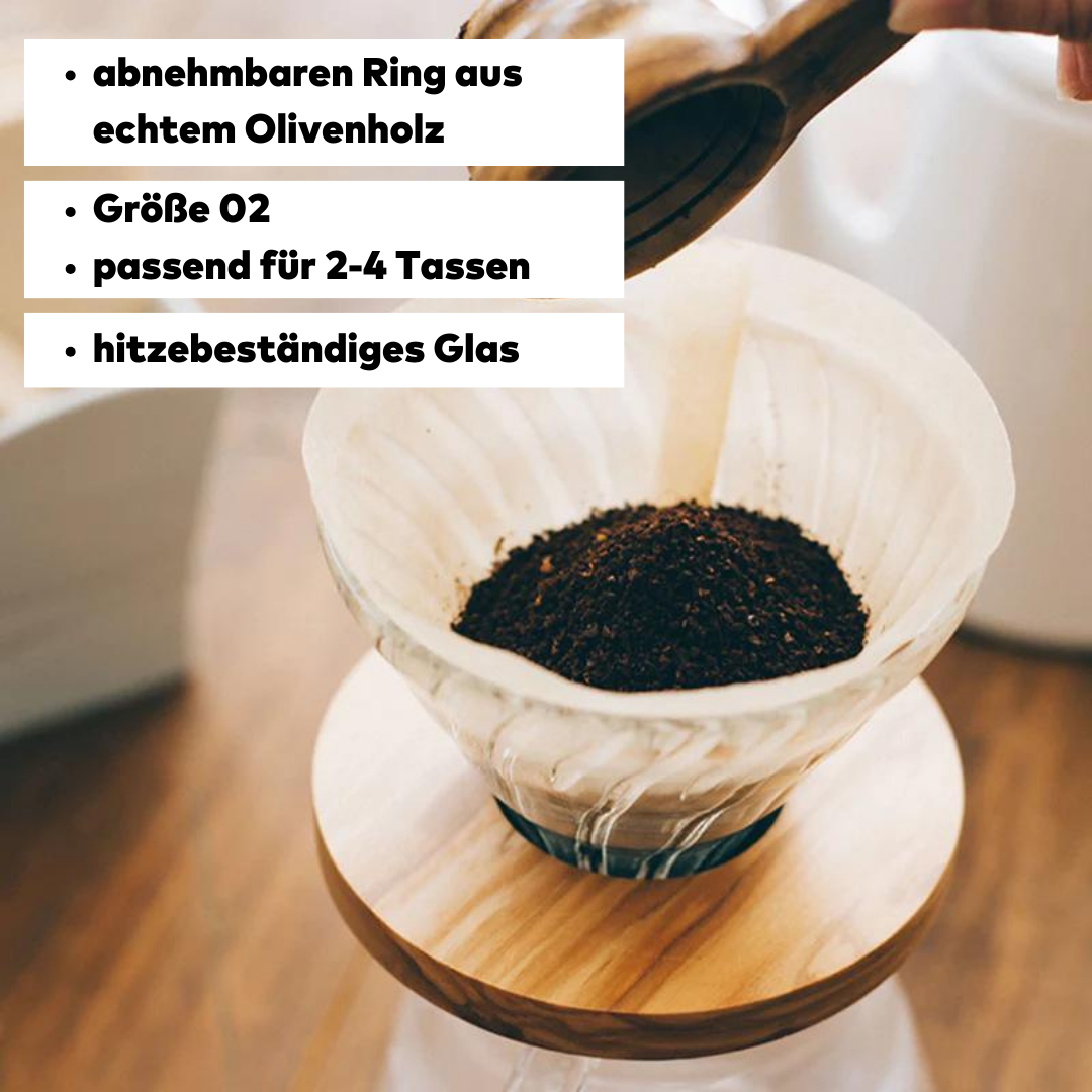 Hario V60 02 Kaffee Filterkorb aus Glas mit Olivenholz für 1-4 Tassen