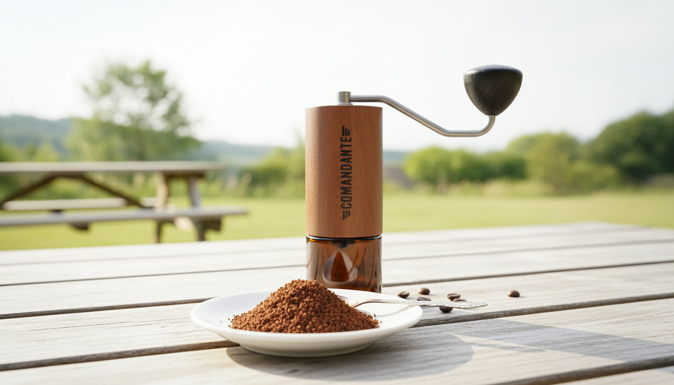 Comandante Kaffeemühle steht draußen auf einem Tisch mit einer Schale frisch gemahlenen Kaffeemehl