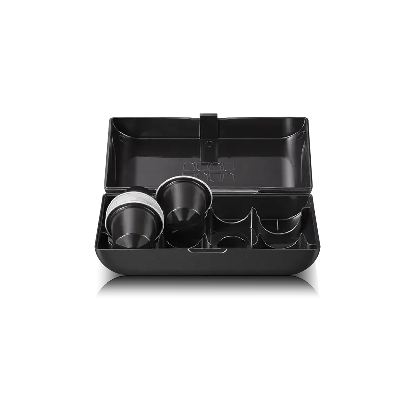 Wacaco Pixapresso Transport Case für Akku Espressomaschine, offen mit Reinigungstuch, Filterkorb mit Deckel, Kapsel Box für 8 Kapseln