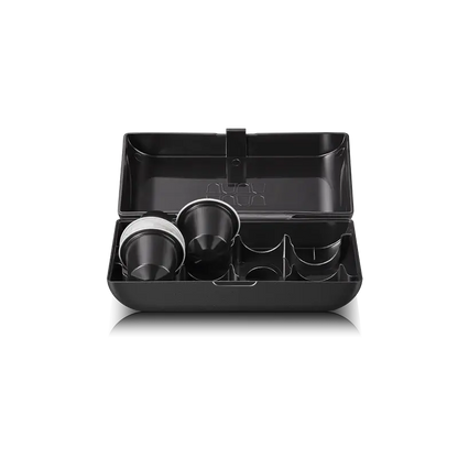 Wacaco Pixapresso Transport Case für Akku Espressomaschine, offen mit Reinigungstuch, Filterkorb mit Deckel, Kapsel Box für 8 Kapseln