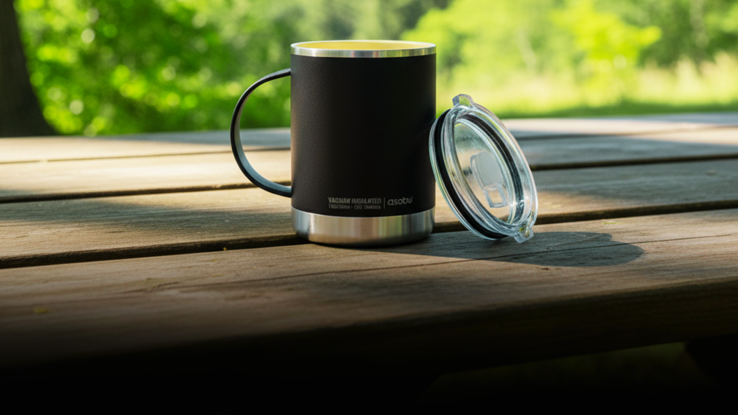 Asobu Kaffeebecher mit Deckel, ilosiert mit Keramikinnenbeschichtung, draußen auf einem Holztisch stehend