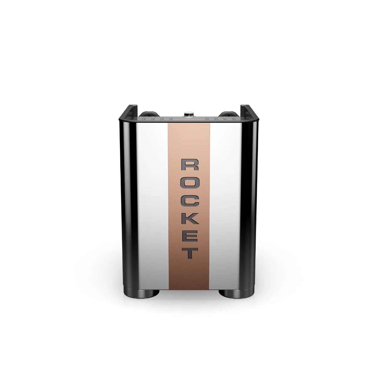 Rocket Appartamento Siebträger Maschine in der Variante tca chrom-kupfer, Rückseite mit dem Rocket-Schriftzug