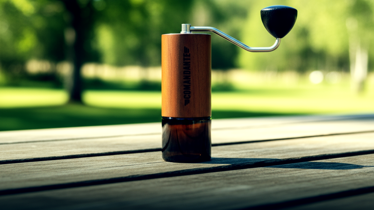 Comandante manuelle Kaffeemuehle mit Holzkorpus und Holzgriff draußen auf einem Holztisch stehend