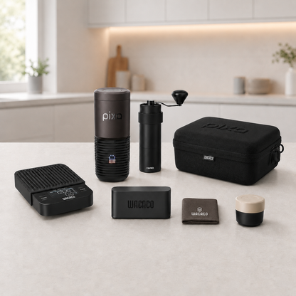 Wacaco Pixapresso Espressomaschine to-go-Set mit Espressomaschine, Hario Handmühle, Waage und Travel Kit